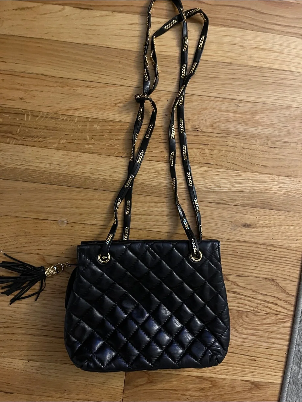 Vintage Louise Fontaine Black Leather Quilted Crossbody Bag with Tassel
